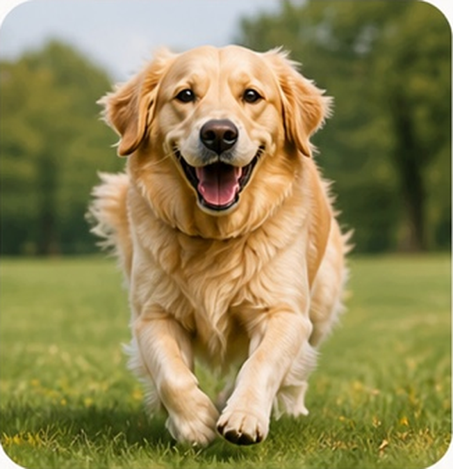 Golden retriever running happily in the park