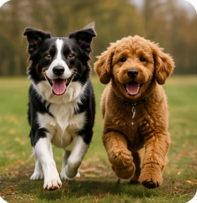 Border collie and cockapoo running side by side