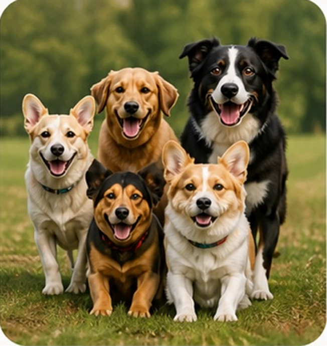 A happy group of five dogs together at Crate Escape day care