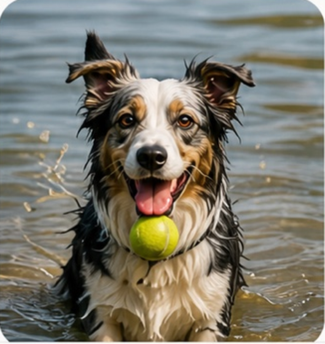 Border collie fetching a ball from the water
