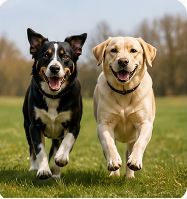 Border collie and yellow Labrador running in a sunny field