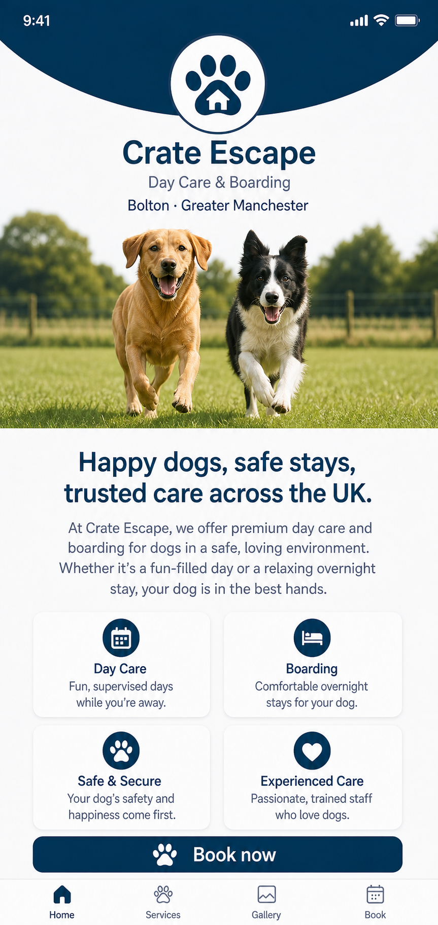 Crate Escape app home screen with happy dogs and a Book now button