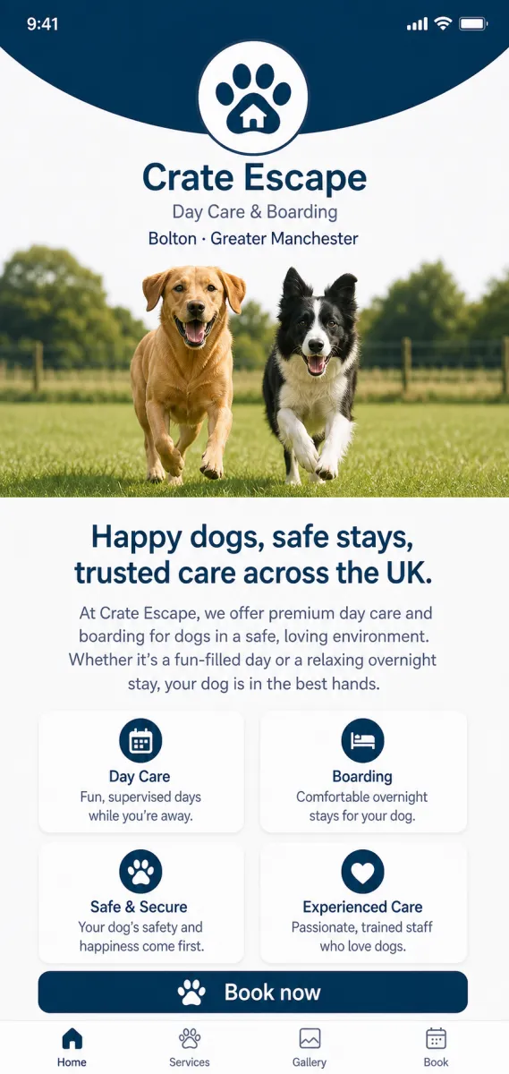 Crate Escape app home screen with happy dogs and a Book now button
