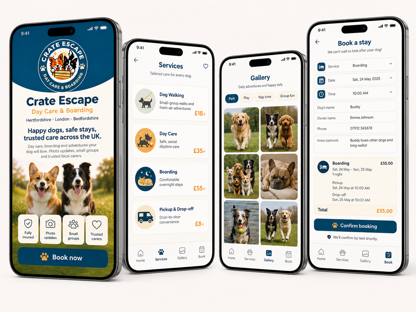 Crate Escape app screens — services, gallery and booking flow