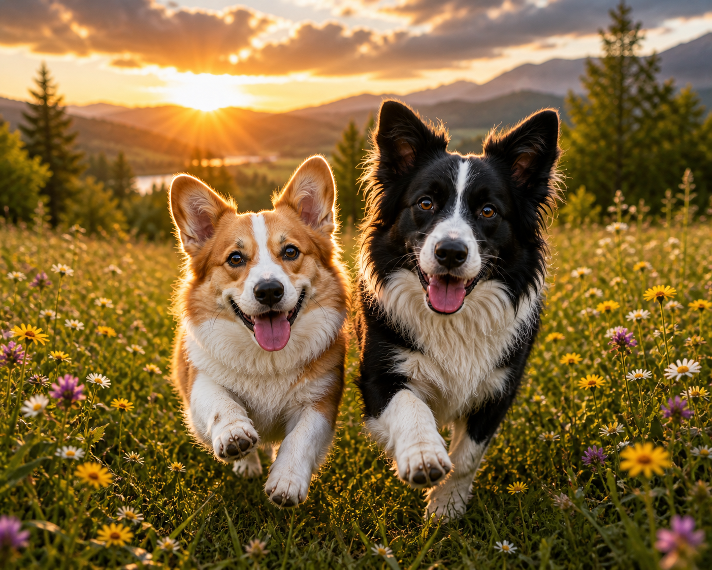 A corgi and a border collie running through a wildflower meadow at sunset