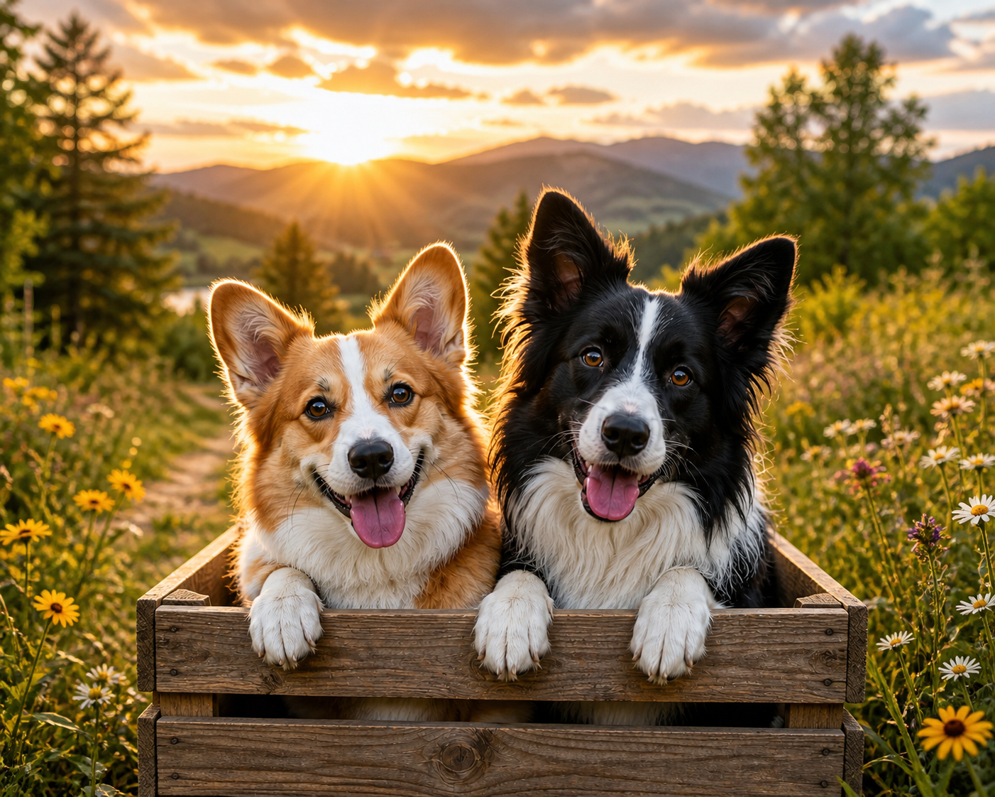 A corgi and a border collie peeking out of a wooden crate at sunset